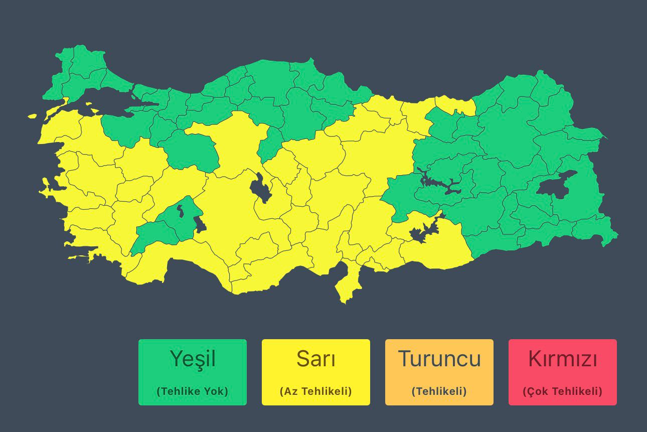 İçişleri Bakanlığı, Meteoroloji Genel Müdürlüğü verilerine dayanarak kuvvetli yağış ve