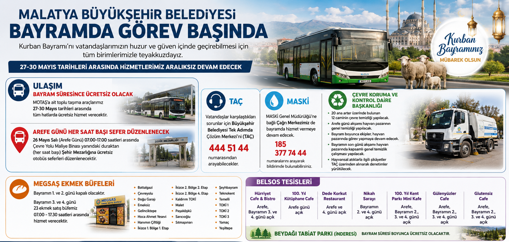 Malatya Büyükşehir Belediyesi, Kurban Bayramı süresince vatandaşların huzur ve güven